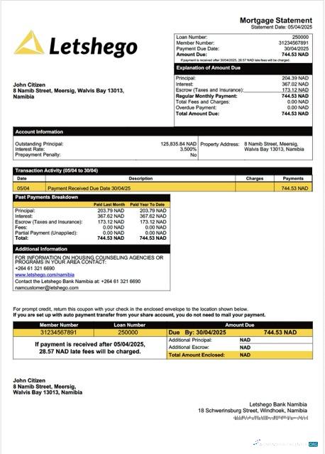 Download Namibia Letshego Bank Namibia mortgage statement Word and PDF template Photoshop template